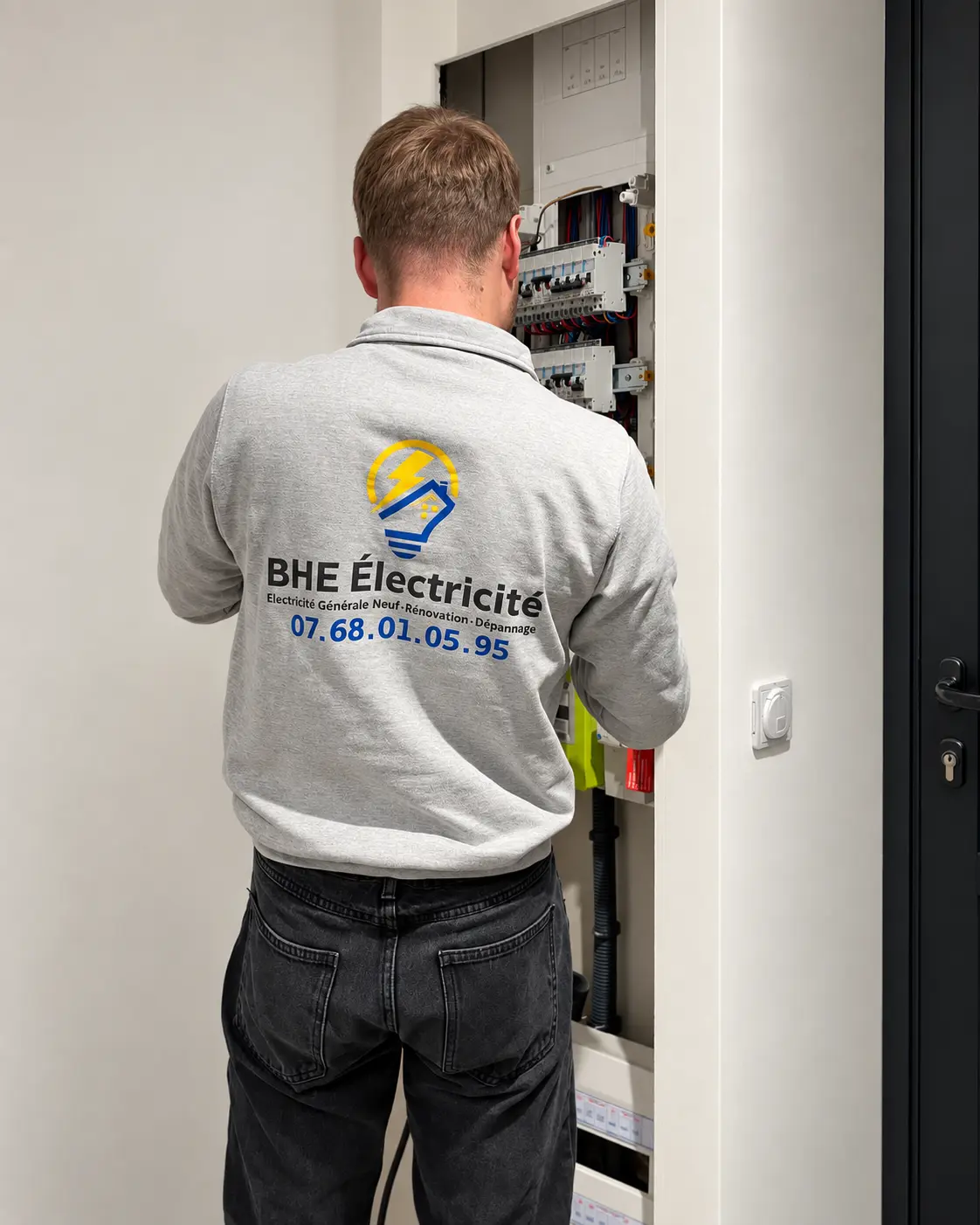 Clément de BHE Électricité devant un tableau électrique